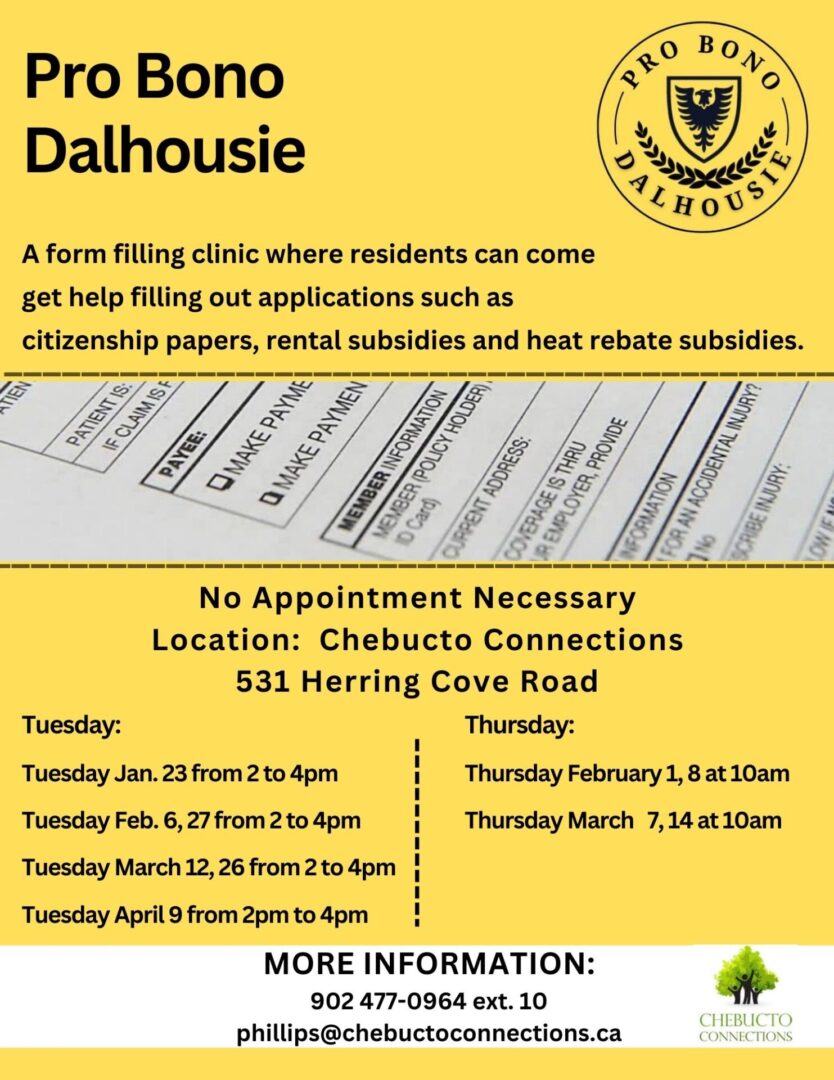 Flyer for "pro bono dalhousie" offering assistance with applications for citizenship and subsidies, containing schedule, location, and contact information.