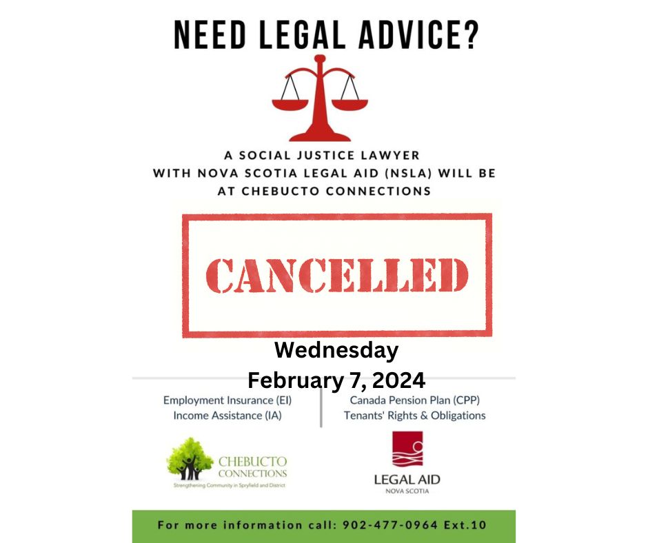 Legal advice session cancelled announcement with date and contact information for further inquiries.